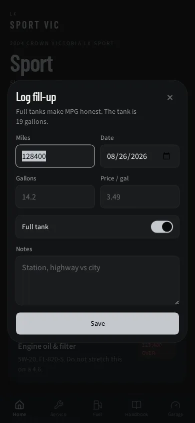 Crown Victoria log a fill-up